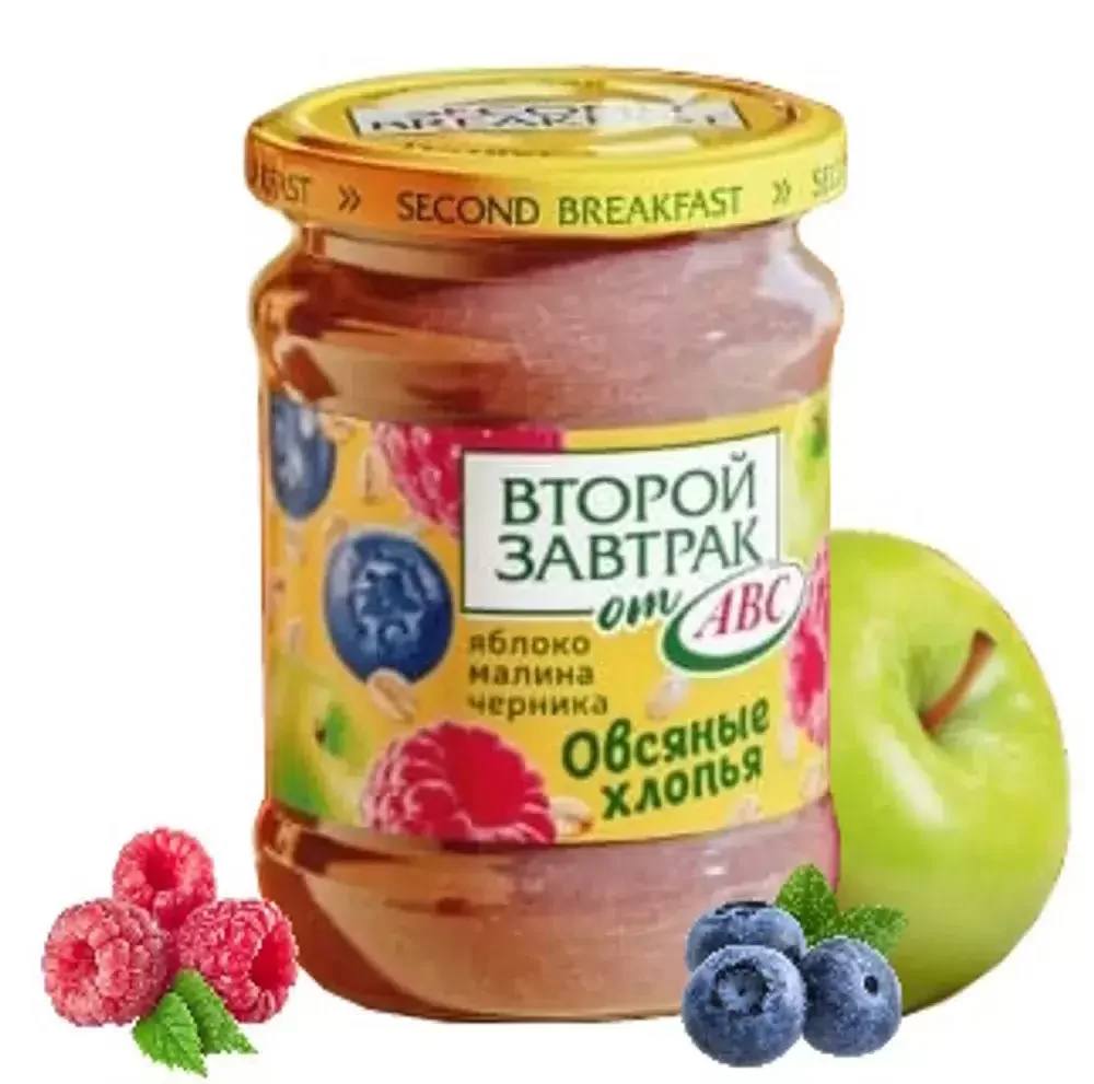 Пюре из яблок, малины, черники с овсяными хлопьями "Будь Здоров" АВС 250г