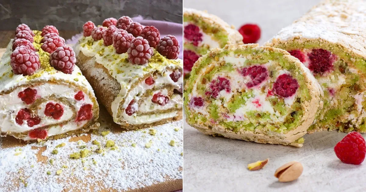 Миниатюра Фисташковый Рулет с Малиной и Сливочным Кремом